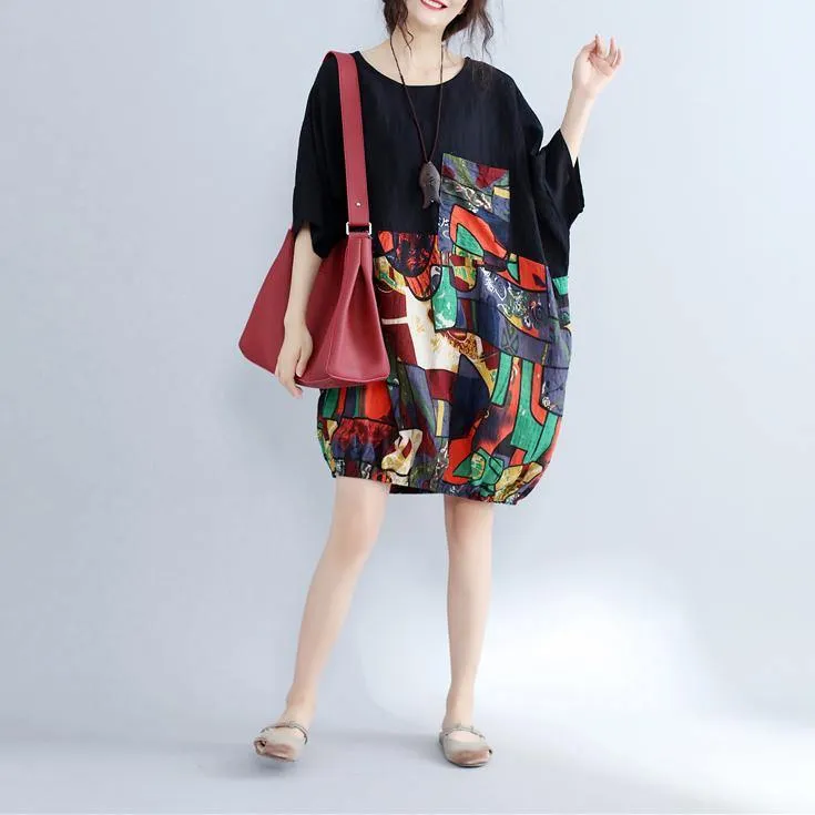 2019 black patchwork cotton shift dress casual cotton clothing dresses Fine batwing sleeve prints cotton dress