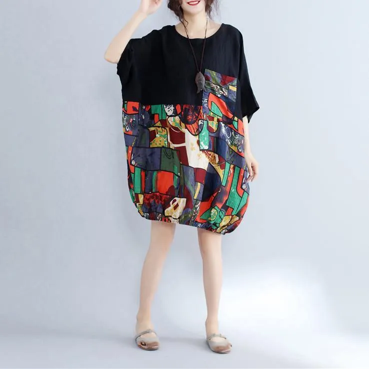 2019 black patchwork cotton shift dress casual cotton clothing dresses Fine batwing sleeve prints cotton dress