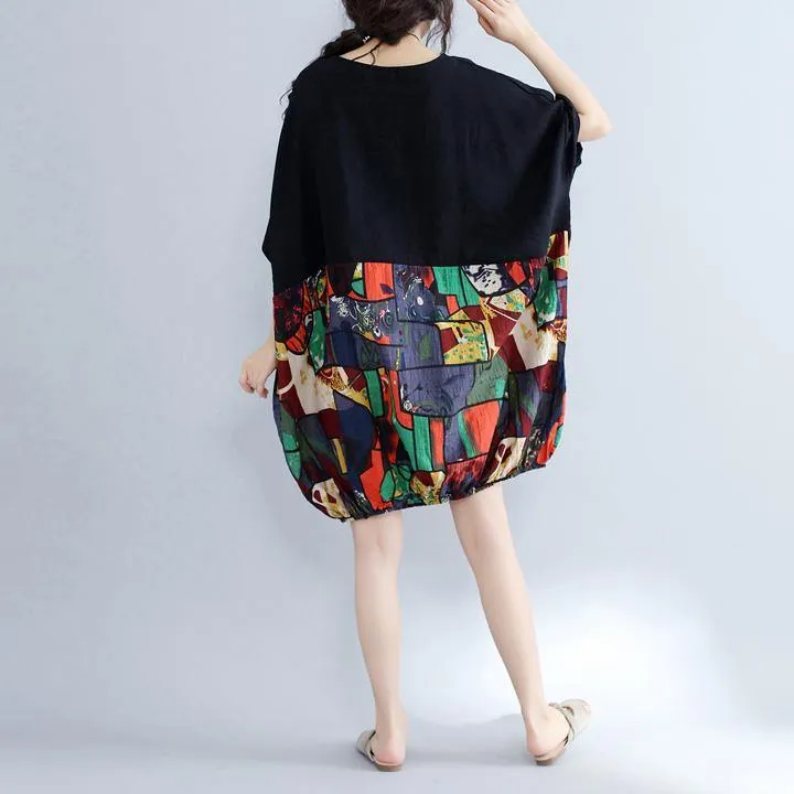 2019 black patchwork cotton shift dress casual cotton clothing dresses Fine batwing sleeve prints cotton dress