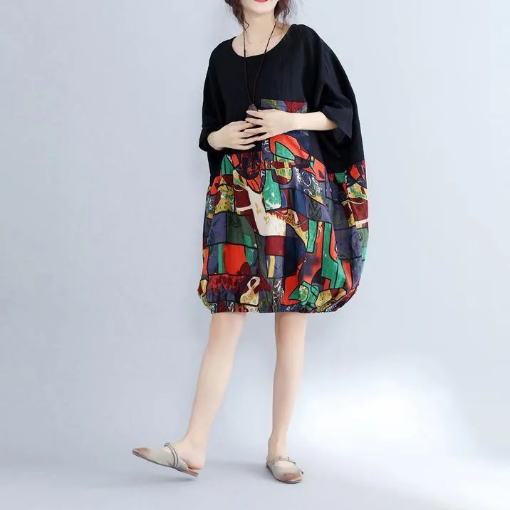 2019 black patchwork cotton shift dress casual cotton clothing dresses Fine batwing sleeve prints cotton dress