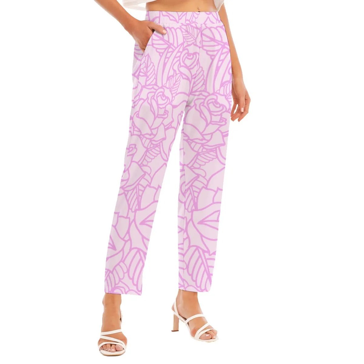 All-Over Print Women's Loose Straight-leg Pants 86 pink flower print