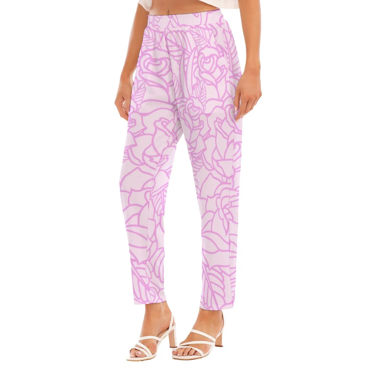 All-Over Print Women's Loose Straight-leg Pants 86 pink flower print