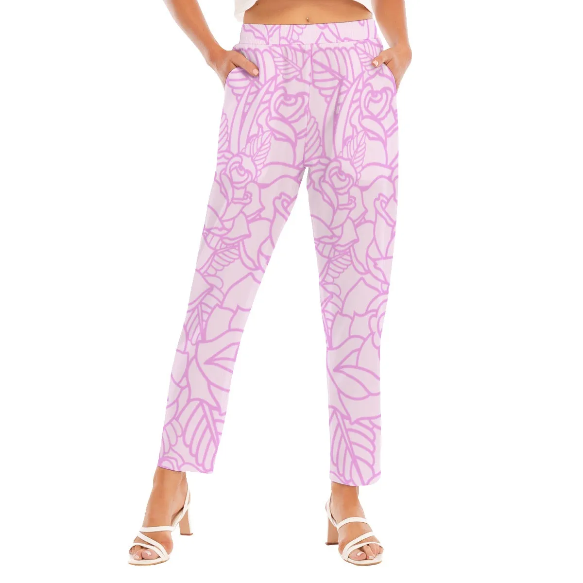 All-Over Print Women's Loose Straight-leg Pants 86 pink flower print