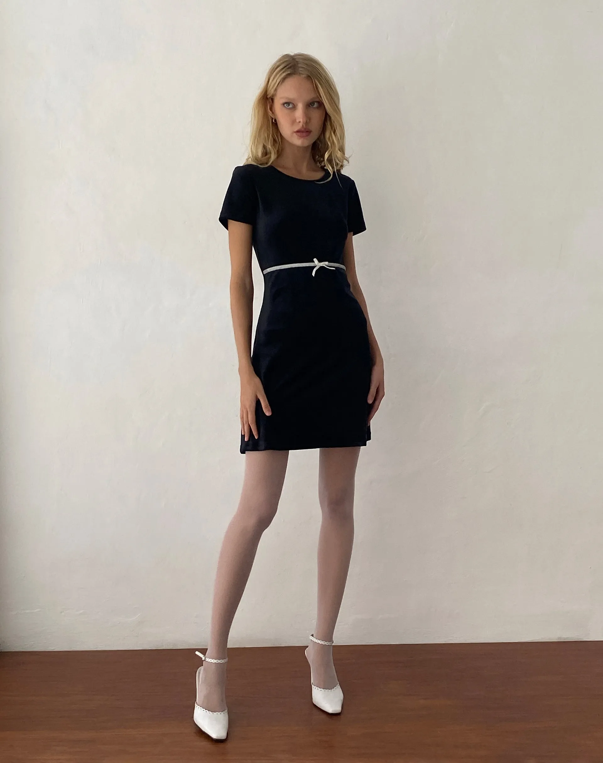 Amanda Mini Dress in Black Velvet with White Trim and Bow