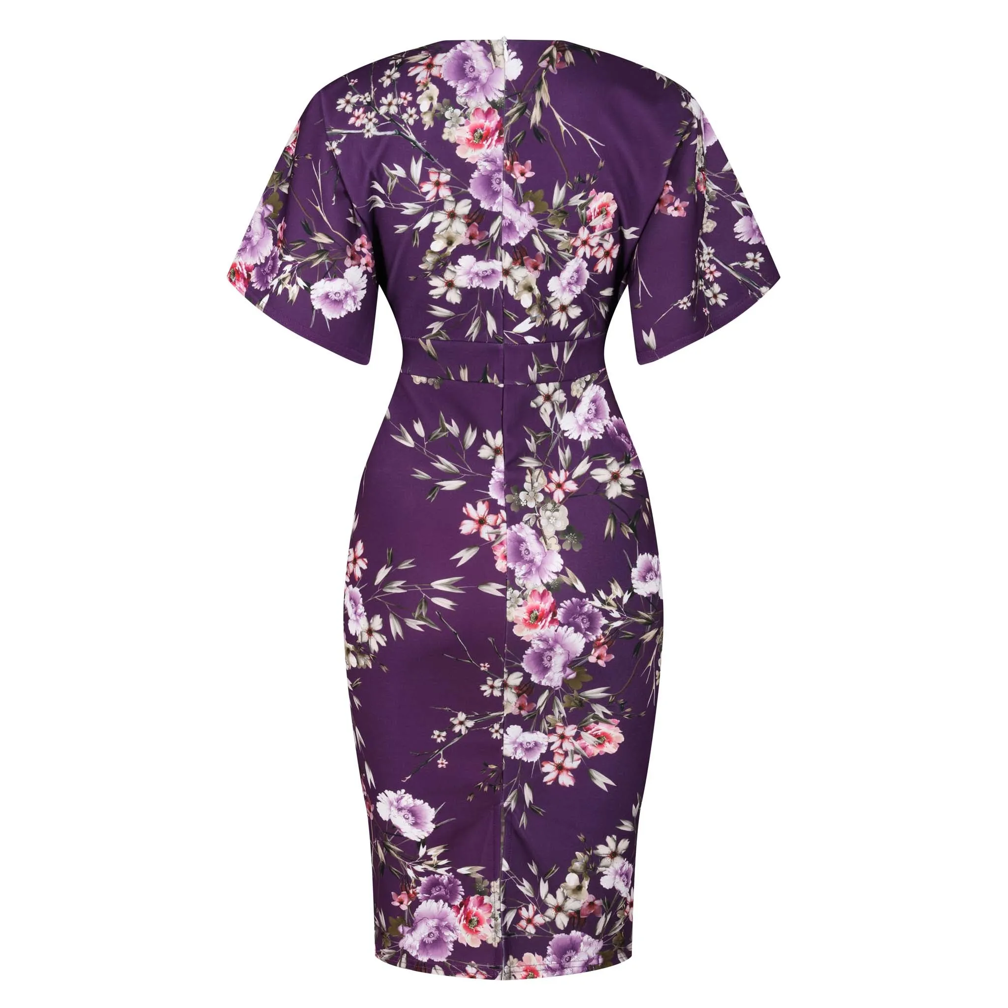 Aubergine Floral Half Batwing Sleeve Crossover Top Pencil Dress