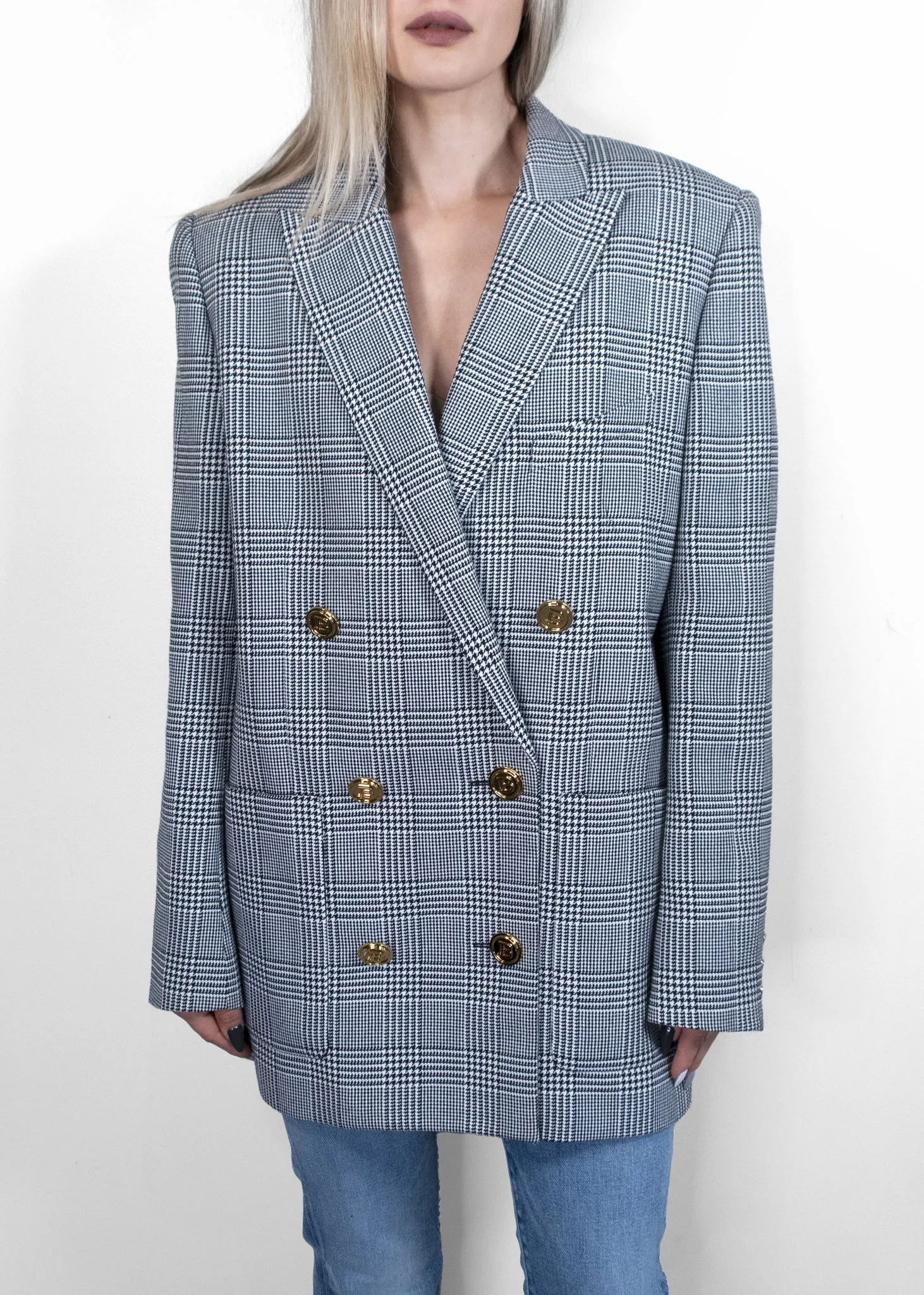 Balmain Black Checked Wool Double-Breasted Blazer