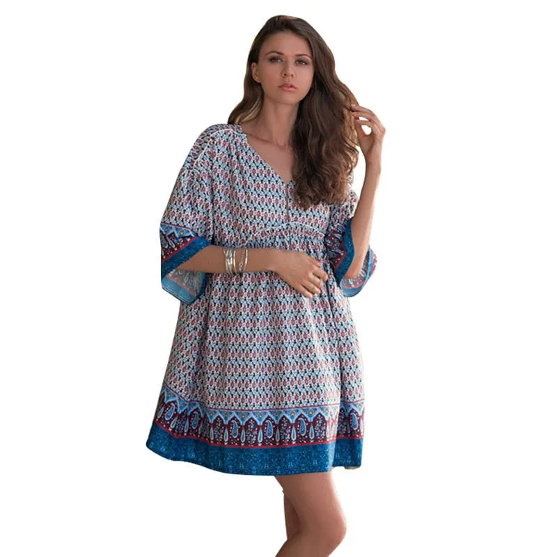 Beach Dress Tunic Plus Size Kaftan Boho Summer Bohemian Ladies Loose Dresses Vintage Casual Clothing Vestidos Print Beachwear