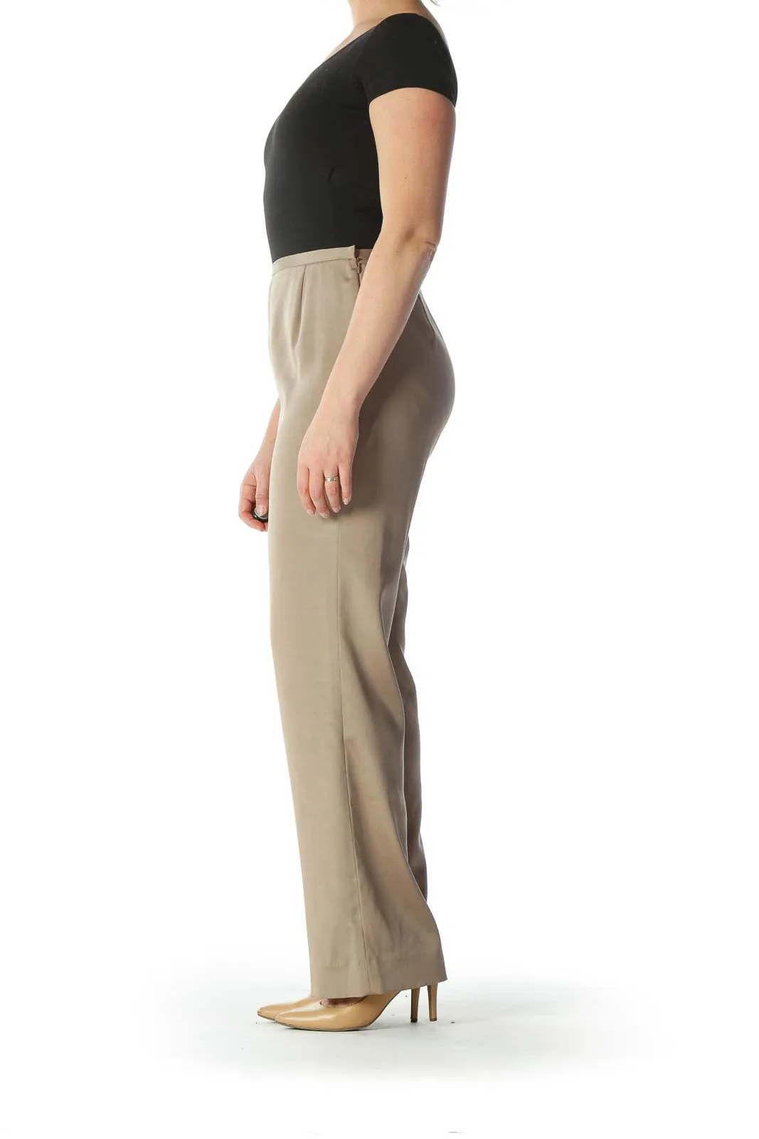 Beige High-Waisted Silk Designer Slacks