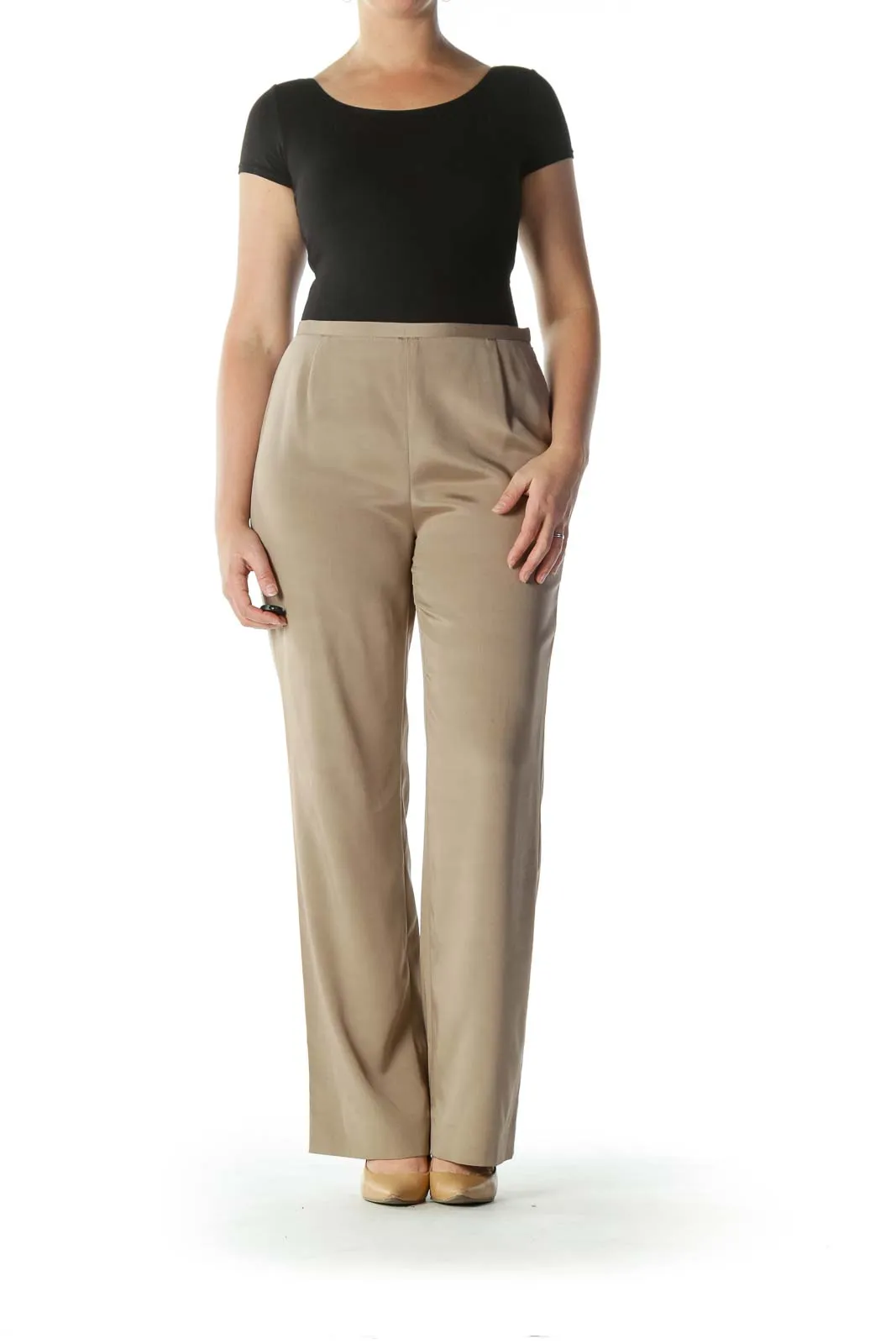 Beige High-Waisted Silk Designer Slacks