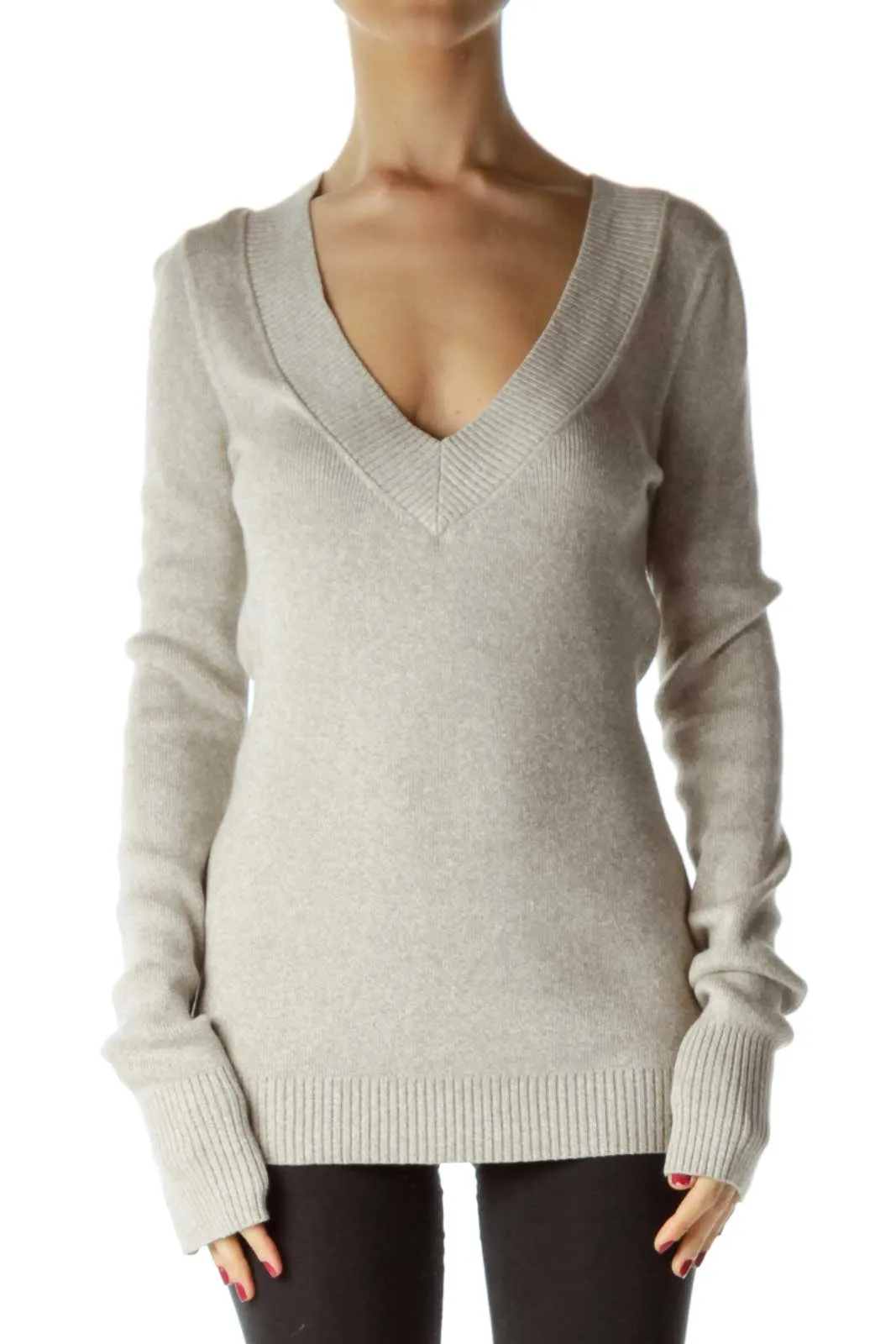 Beige V-neck Fitted Sweater