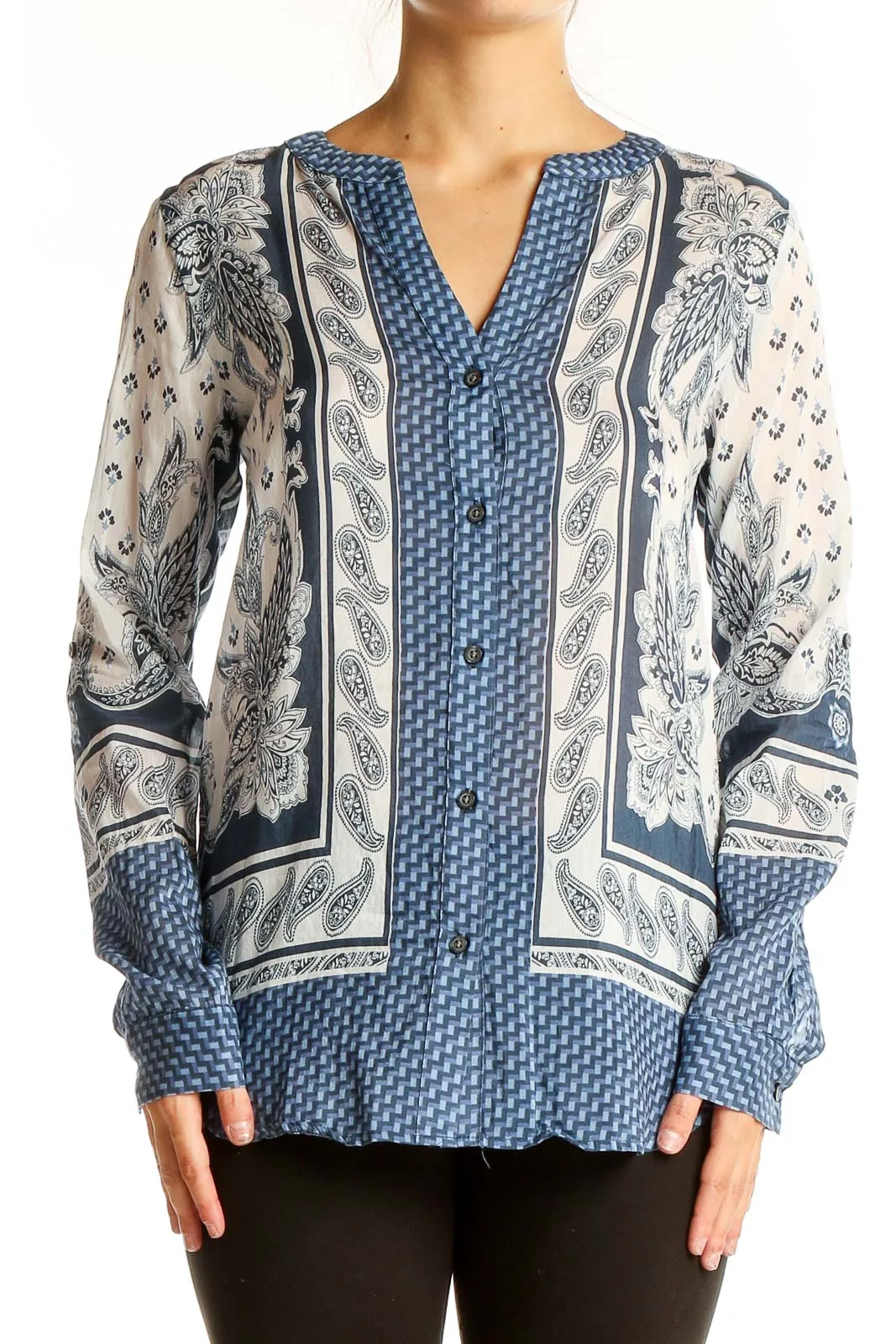 Blue and White Patterned Silk-Cotton Blouse