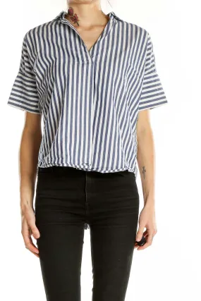 Blue and White Striped Short-Sleeve Button-Up Shirt