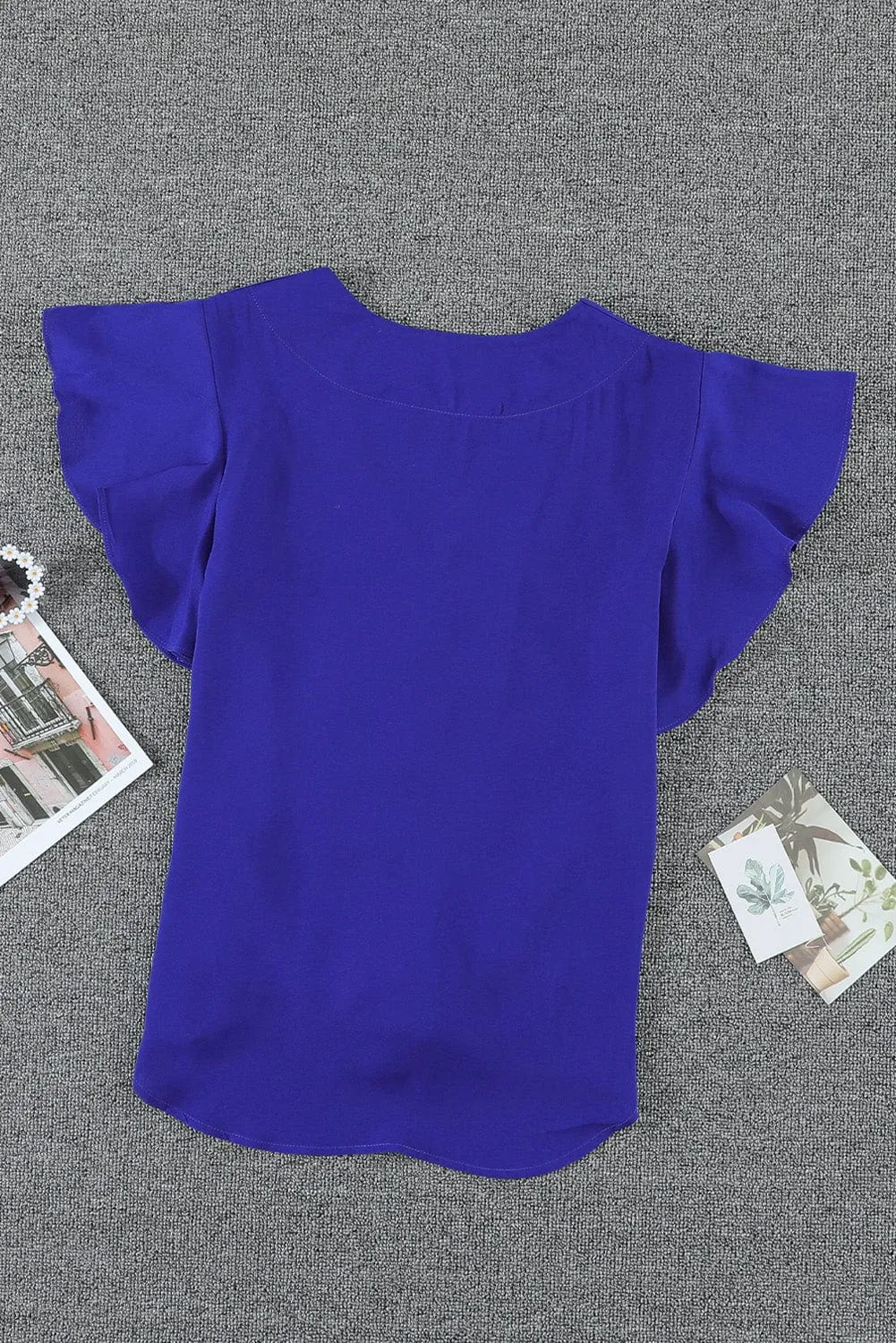 Blue Tonight V-Neck Button-Up Ruffle Sleeve Top