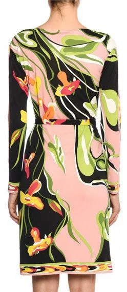 Boat-Neck Long-Sleeve Water Lily Print Shift Dress