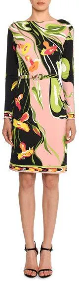 Boat-Neck Long-Sleeve Water Lily Print Shift Dress