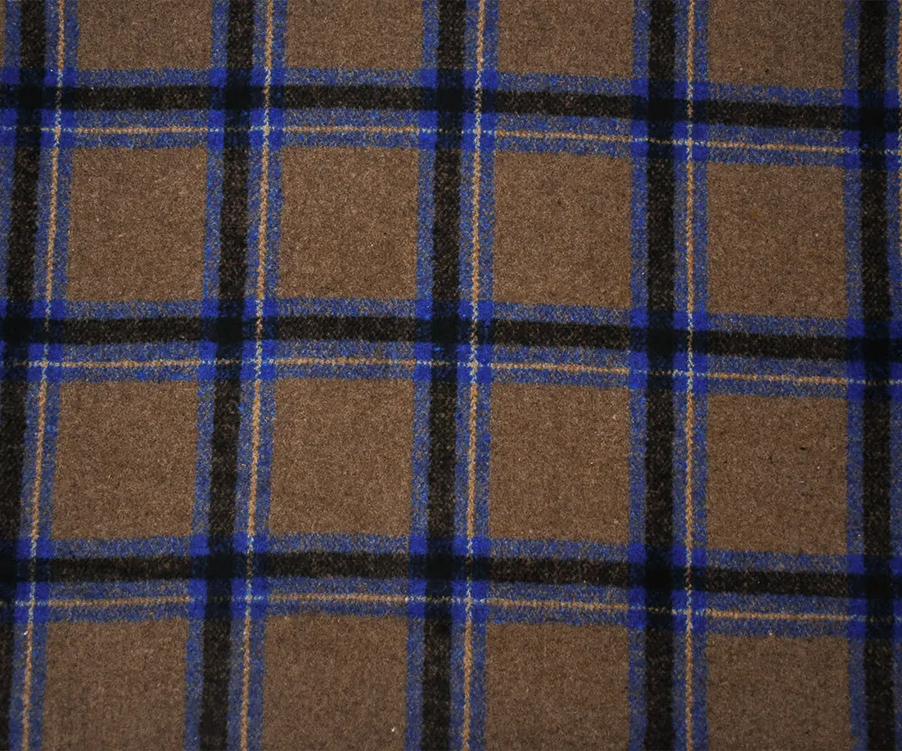 Brown-Blue-Multi Poly-Wool Single Sided Brush Plaid Woven Jacketing Fabric