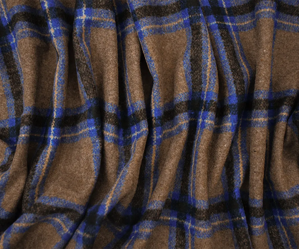 Brown-Blue-Multi Poly-Wool Single Sided Brush Plaid Woven Jacketing Fabric