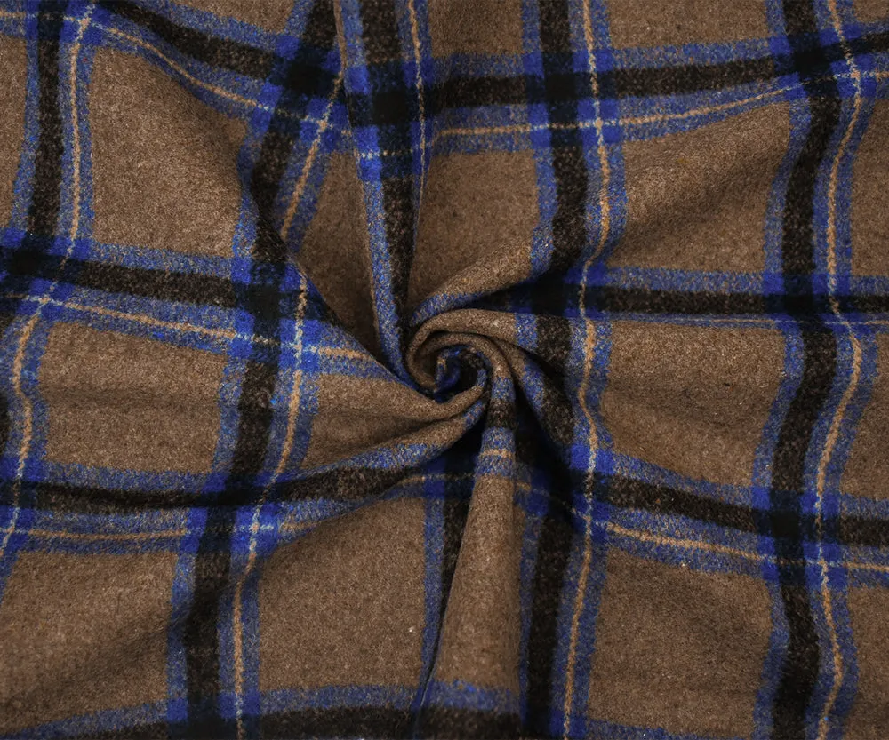 Brown-Blue-Multi Poly-Wool Single Sided Brush Plaid Woven Jacketing Fabric