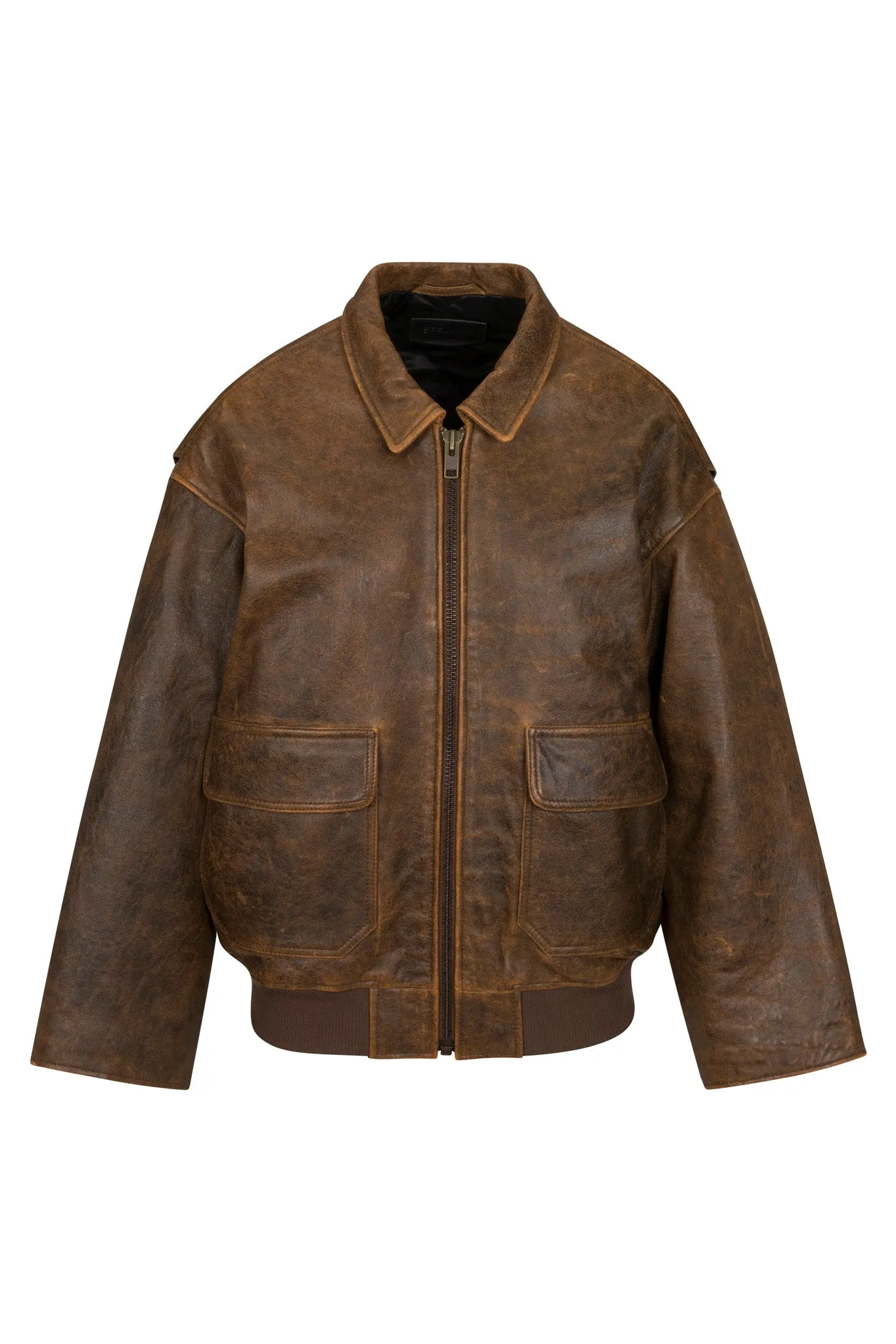 Brown Distressed Leather Aviator Jacket