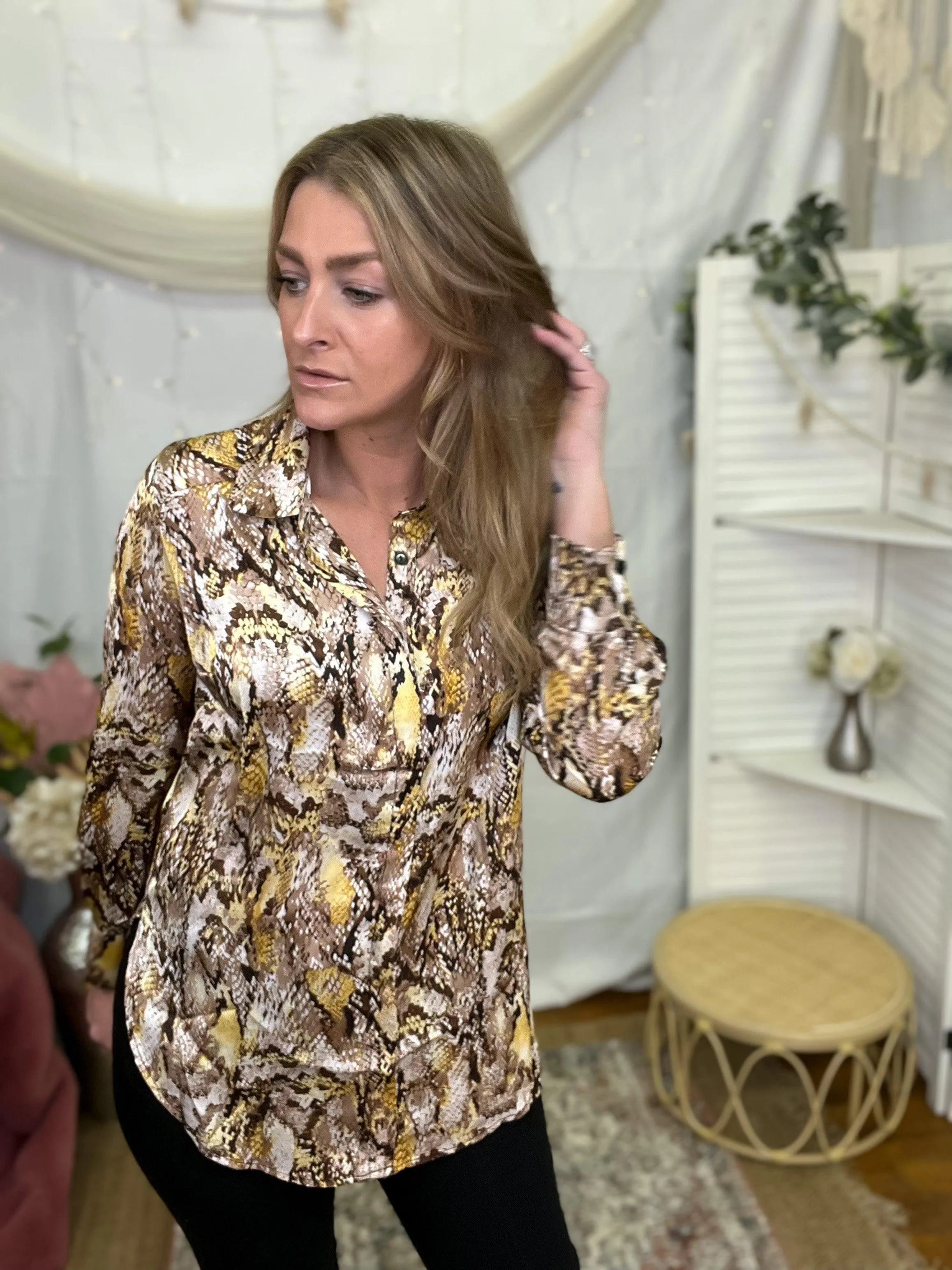 Brown Satin Snake Print Button Up Top