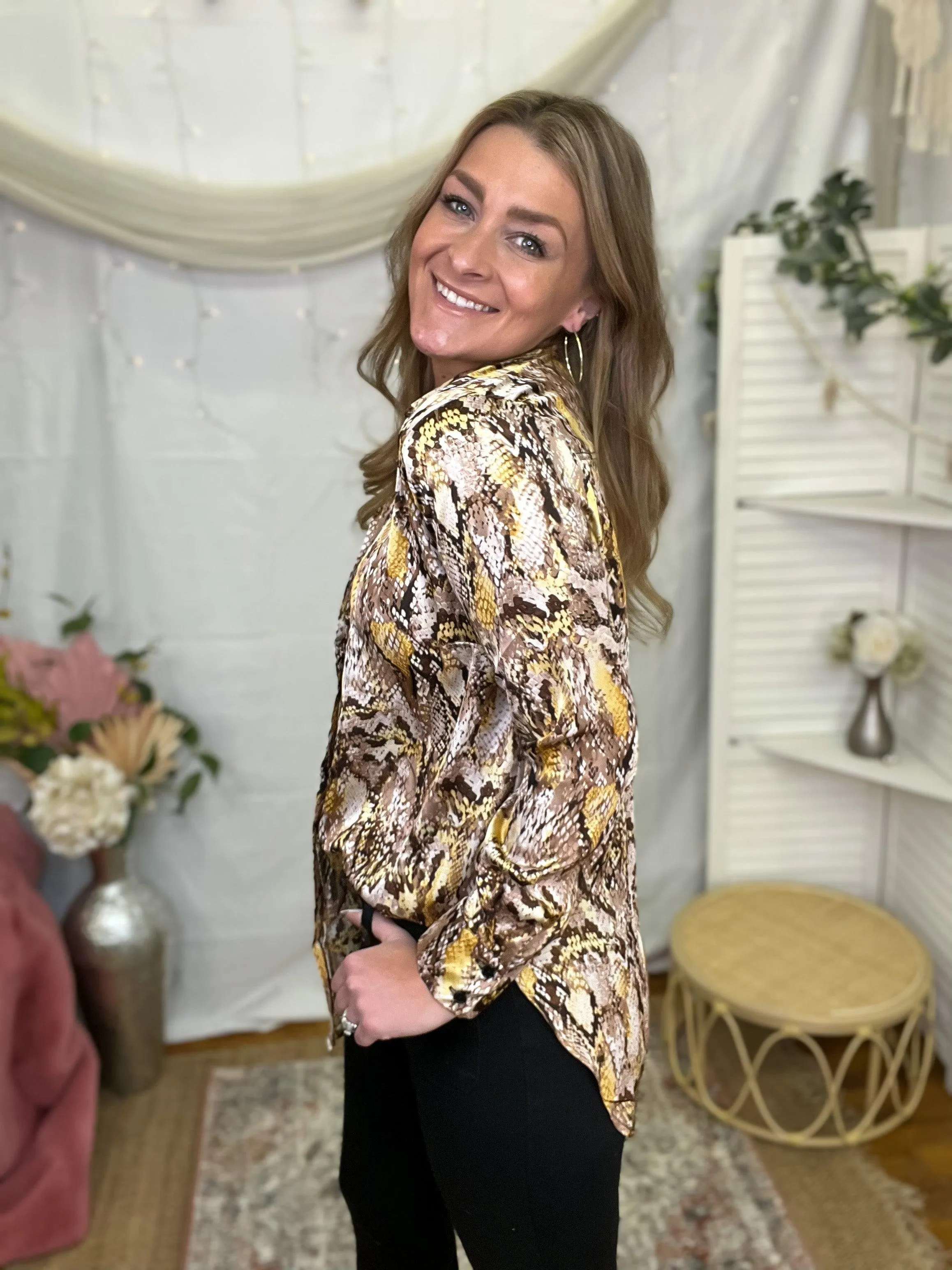 Brown Satin Snake Print Button Up Top