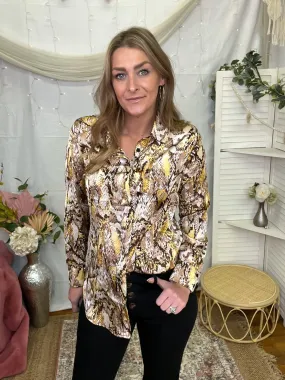 Brown Satin Snake Print Button Up Top