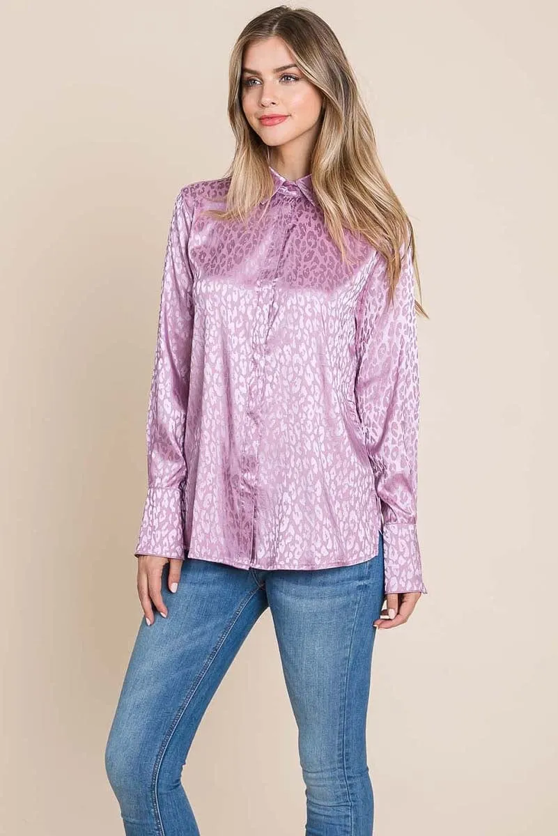 Casual Animal Print Satin Button up Shirts Blouse