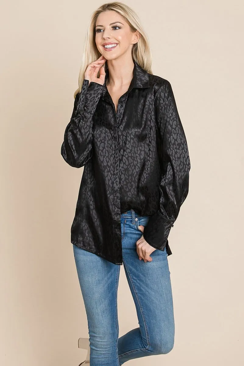 Casual Animal Print Satin Button up Shirts Blouse