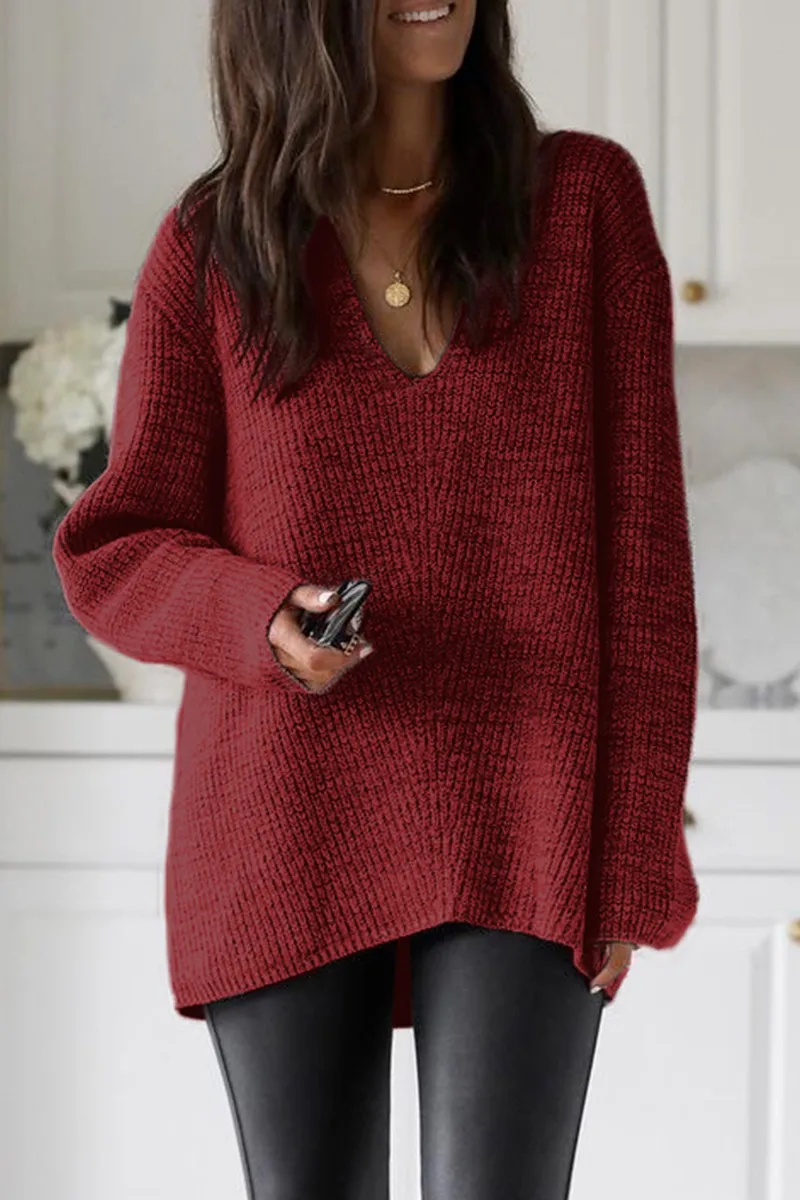 Casual Solid Color Weave V Neck Sweaters(5 Colors)