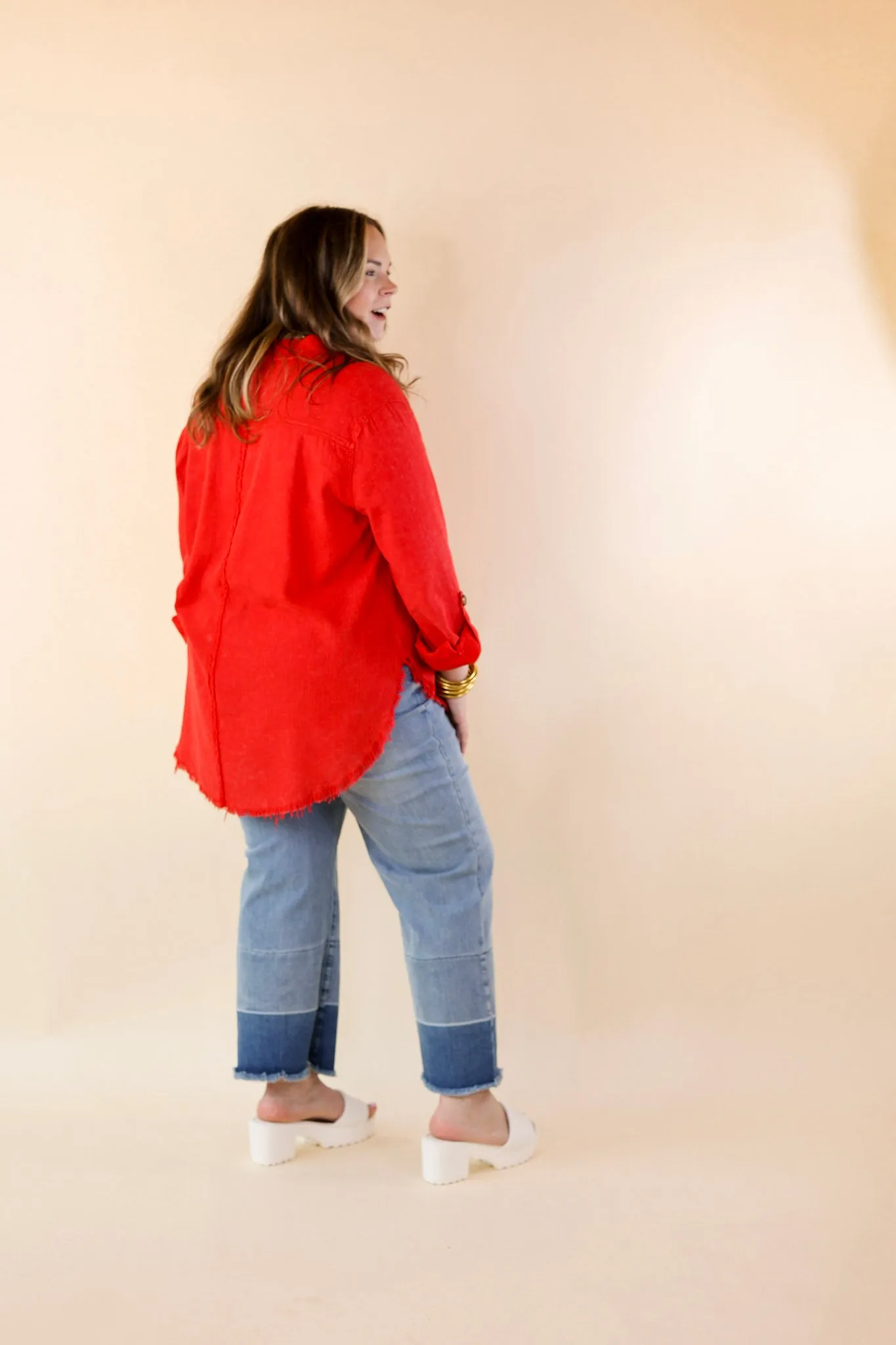 Classic Comfort Long Sleeve Linen Button Up in Cherry Red