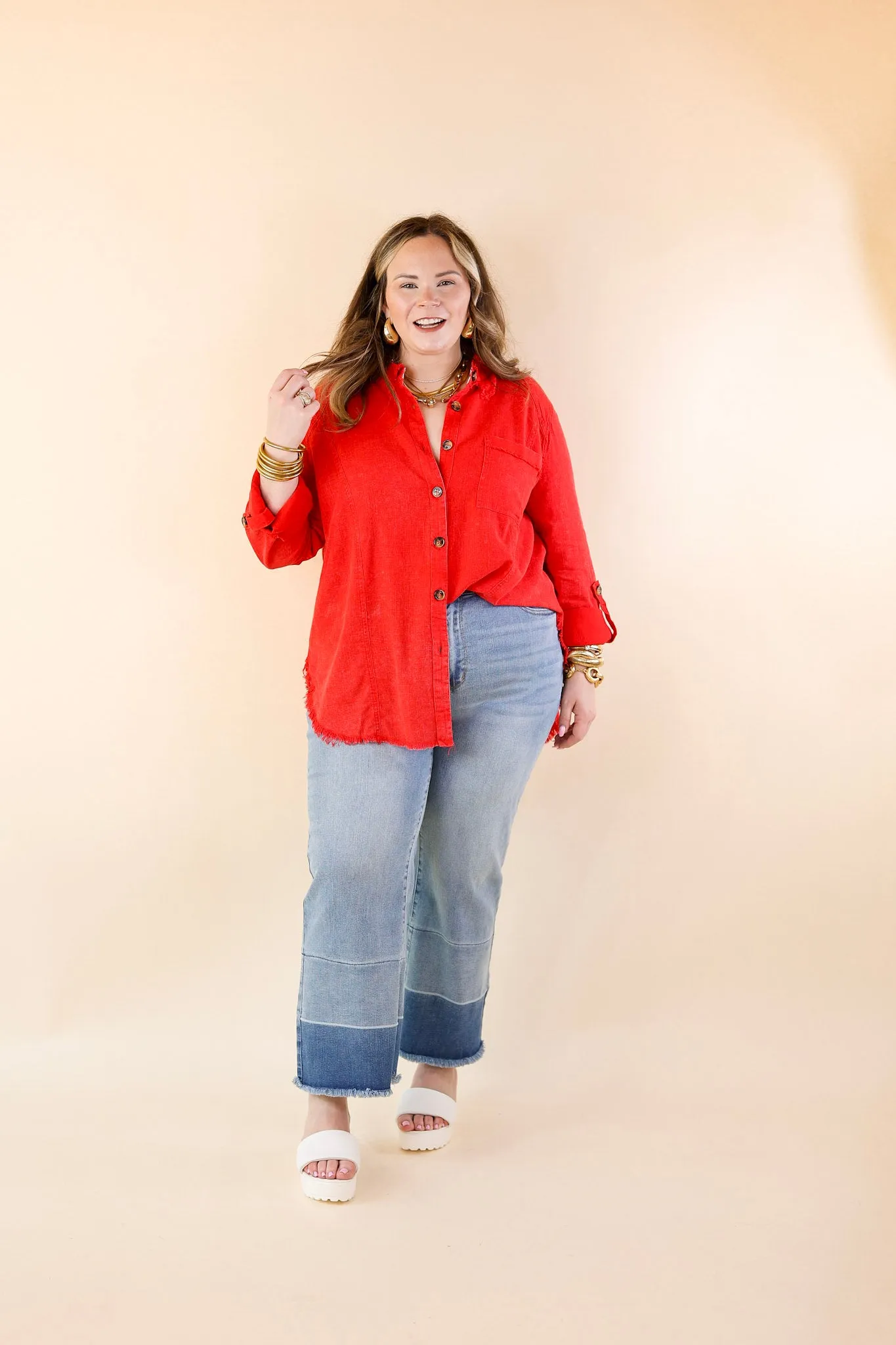 Classic Comfort Long Sleeve Linen Button Up in Cherry Red