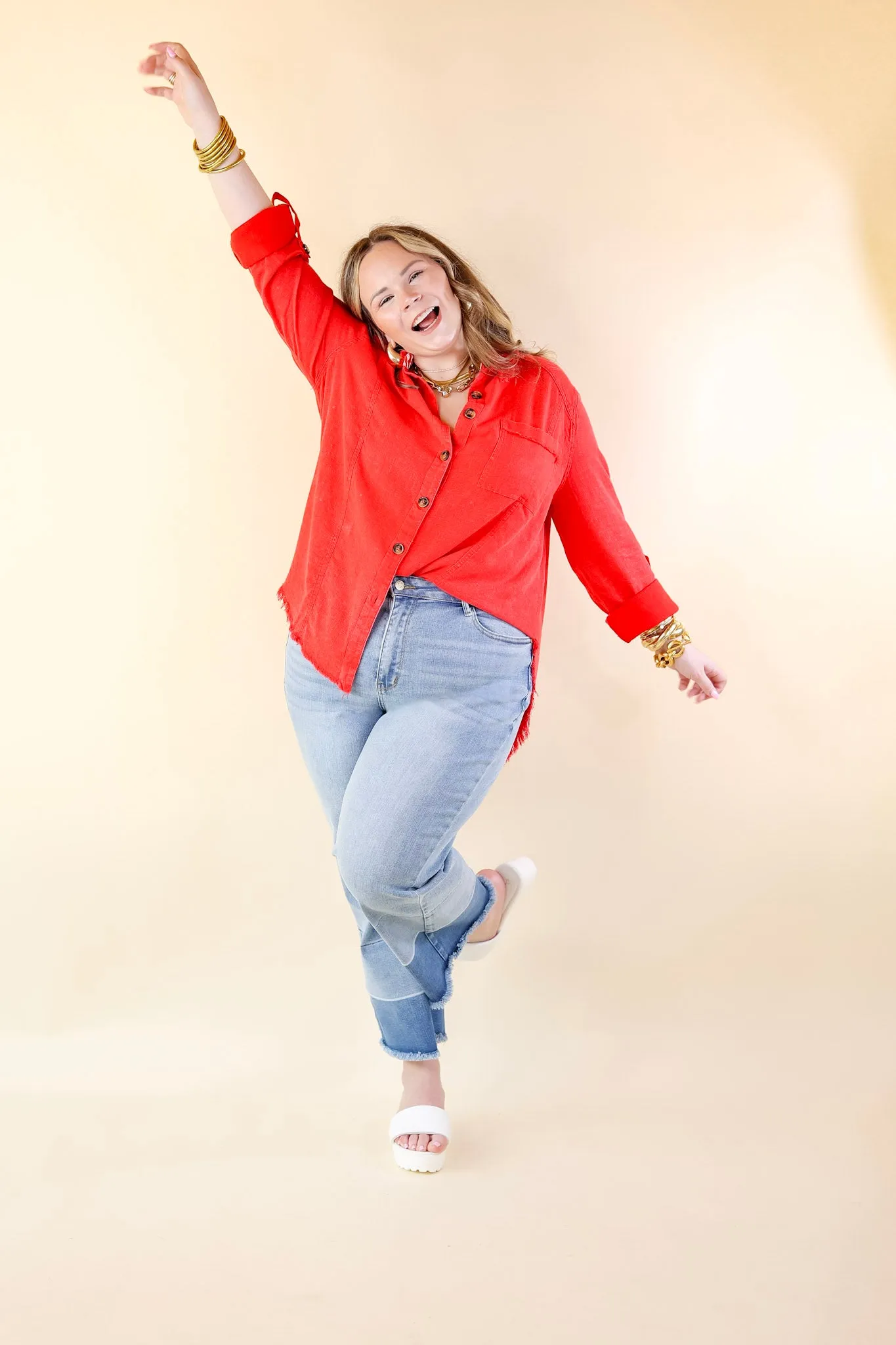 Classic Comfort Long Sleeve Linen Button Up in Cherry Red