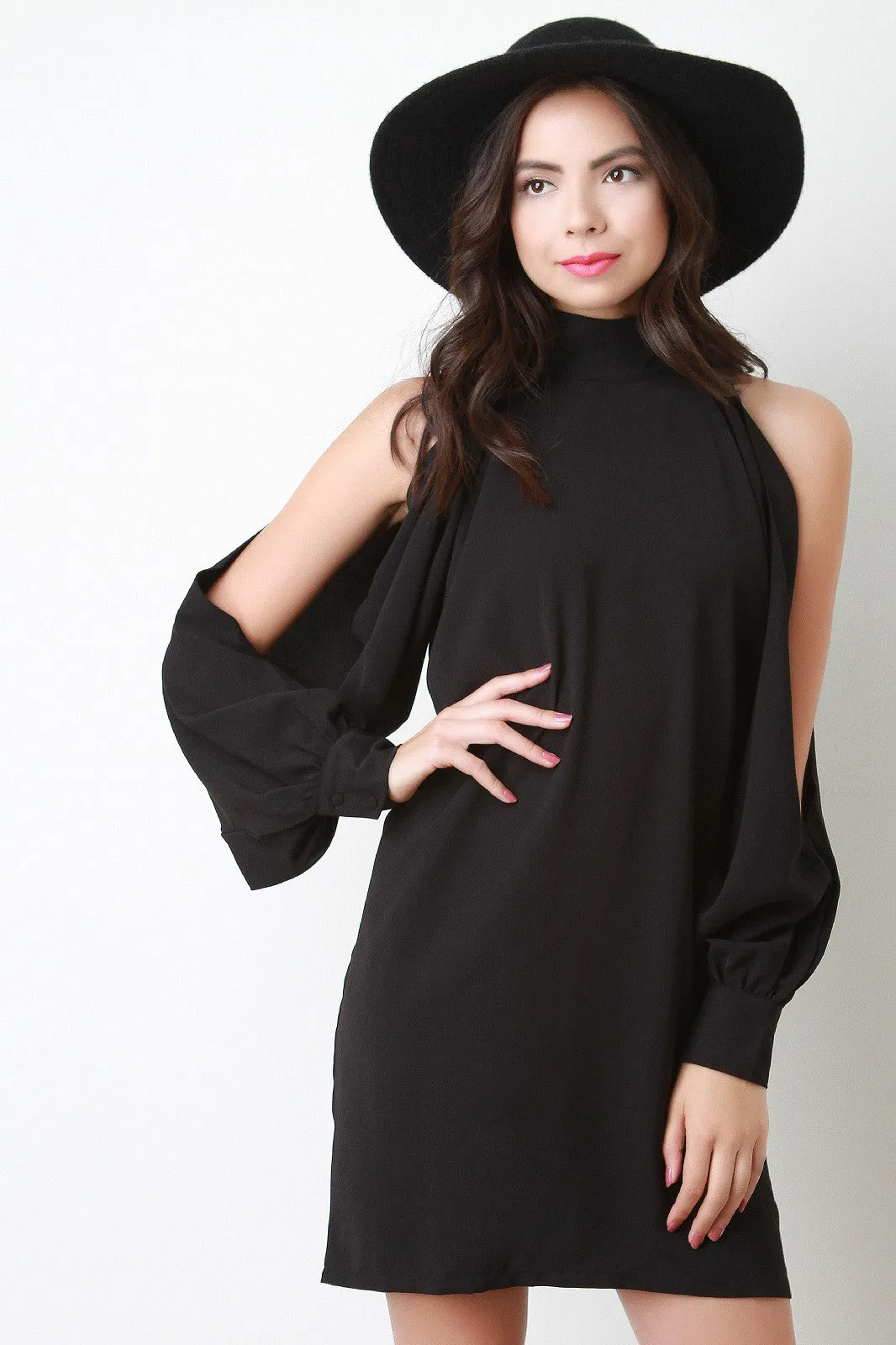 Cold Shoulder Arm Slit Shift Dress