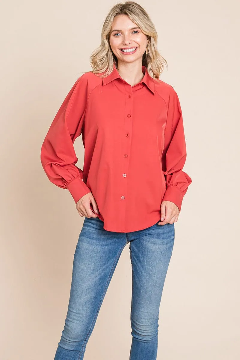 Collared Long Sleeve Button up Silky Shirts Blouse