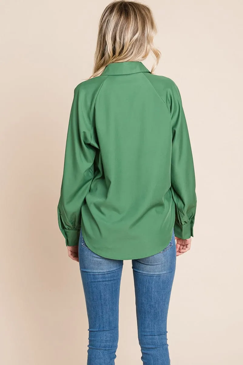 Collared Long Sleeve Button up Silky Shirts Blouse