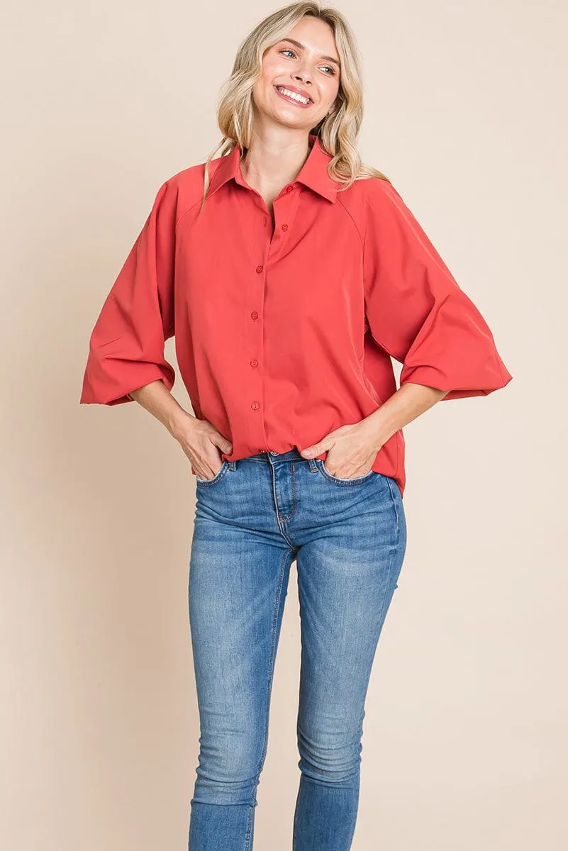 Collared Long Sleeve Button up Silky Shirts Blouse