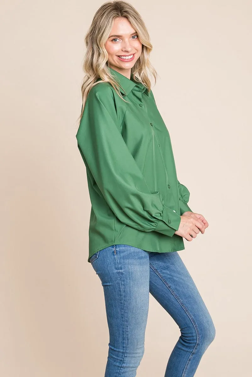 Collared Long Sleeve Button up Silky Shirts Blouse