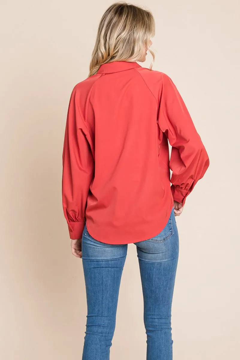 Collared Long Sleeve Button up Silky Shirts Blouse