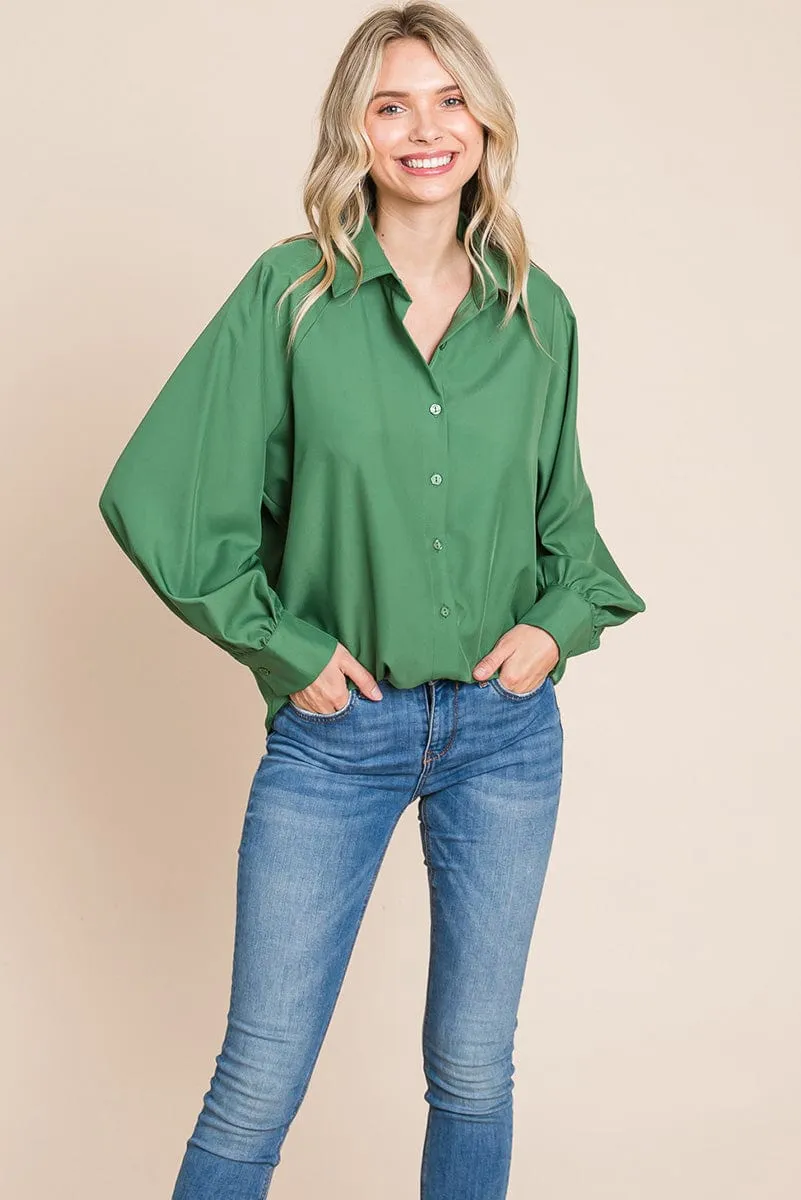 Collared Long Sleeve Button up Silky Shirts Blouse