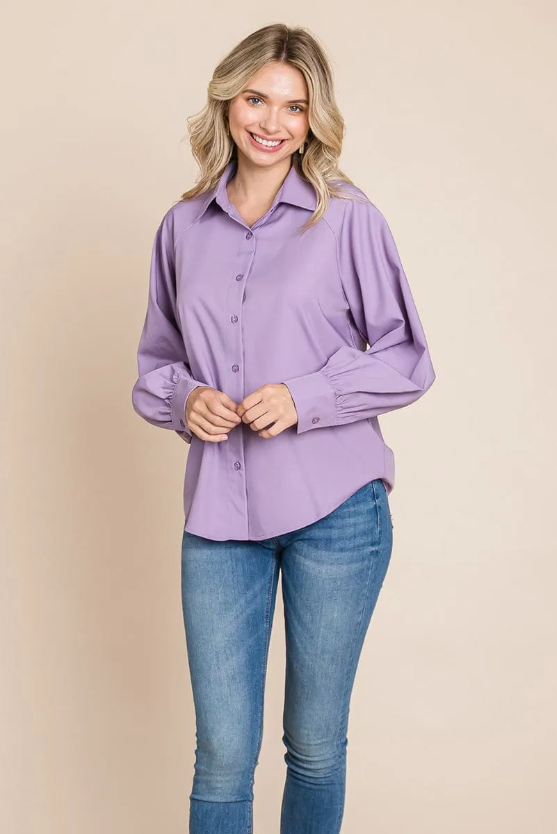 Collared Long Sleeve Button up Silky Shirts Blouse