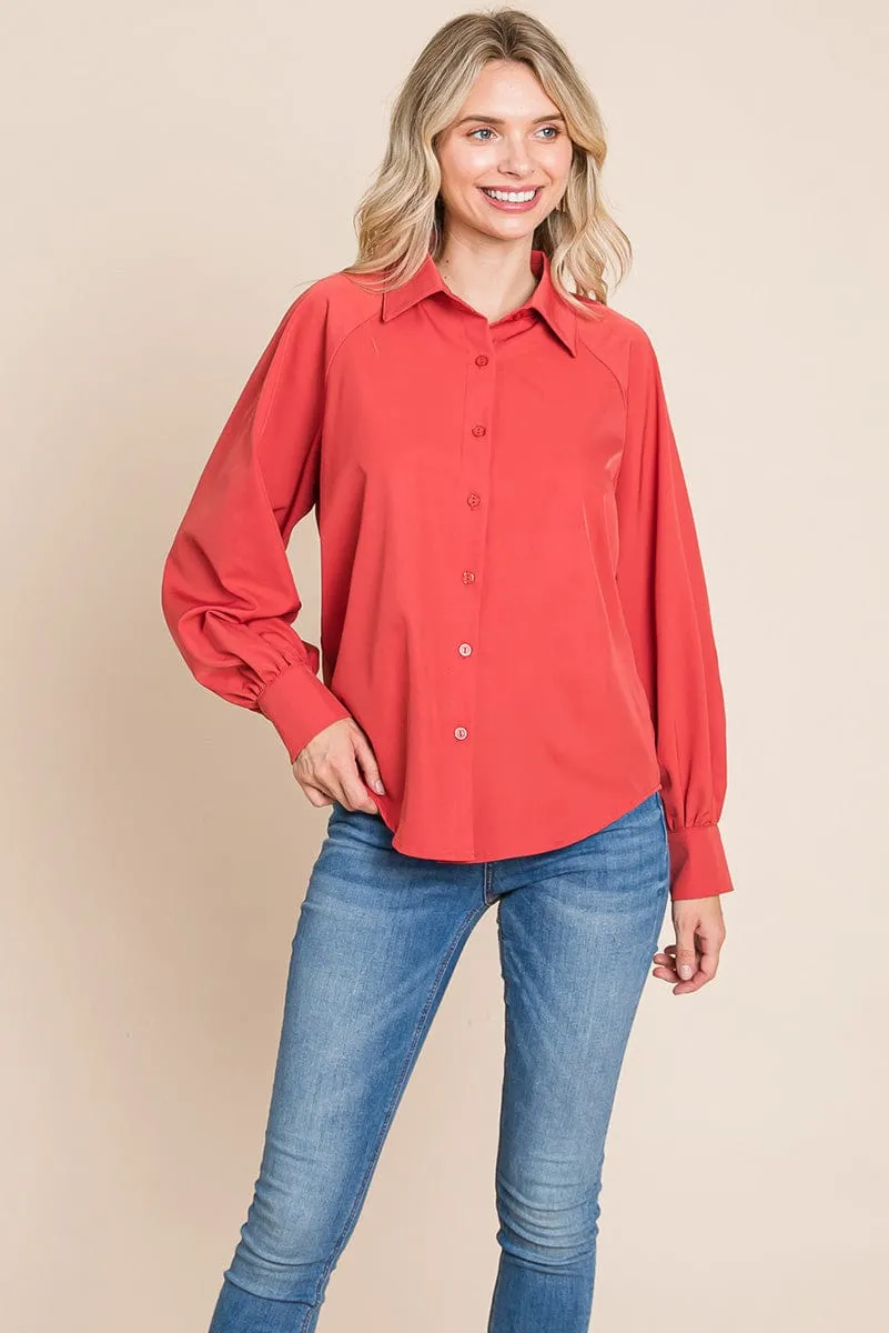 Collared Long Sleeve Button up Silky Shirts Blouse