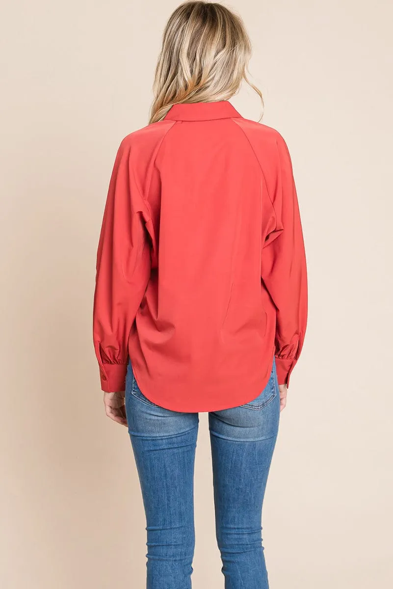 Collared Long Sleeve Button up Silky Shirts Blouse