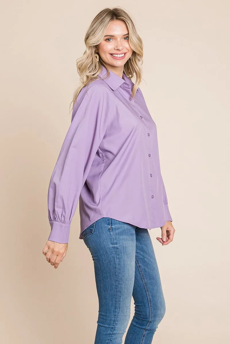 Collared Long Sleeve Button up Silky Shirts Blouse