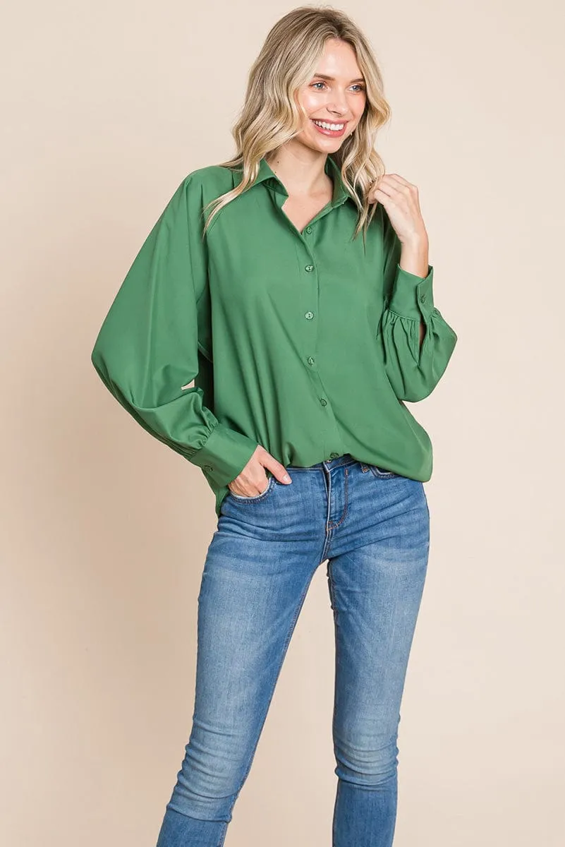 Collared Long Sleeve Button up Silky Shirts Blouse