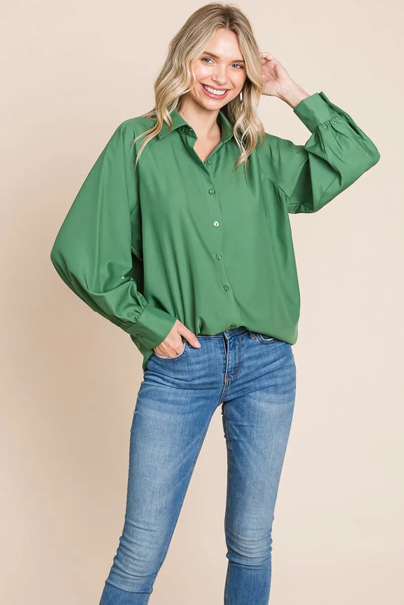 Collared Long Sleeve Button up Silky Shirts Blouse