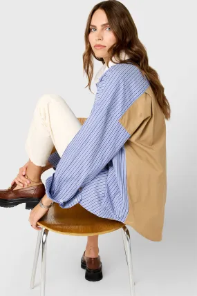 COLORBLOCKED SUNDAY SHIRT IN KHAKI/BLUE STRIPE POPLIN