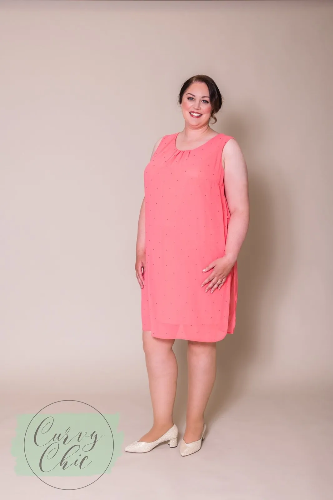 Coral Plus Size Shift Dress with Sequin Detail