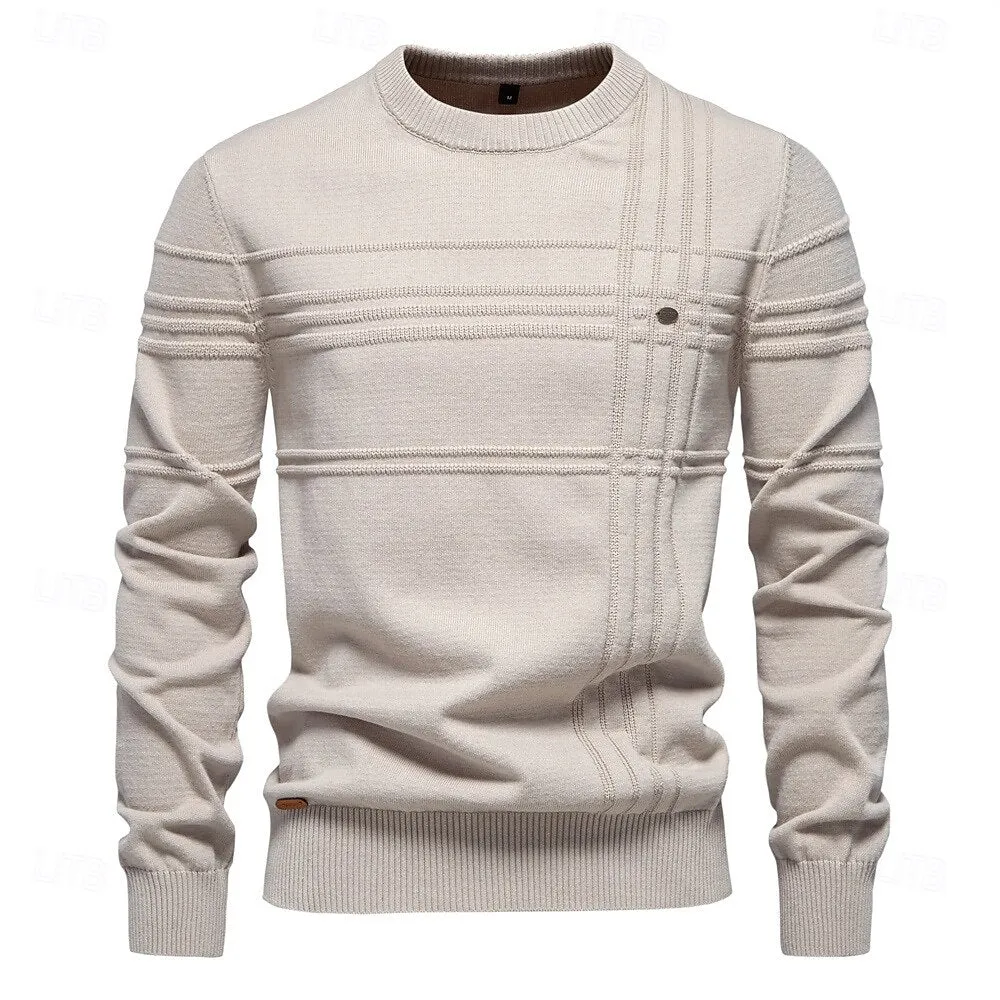 Cotton Knitted Stripped Crew Neck Pullover Sweater