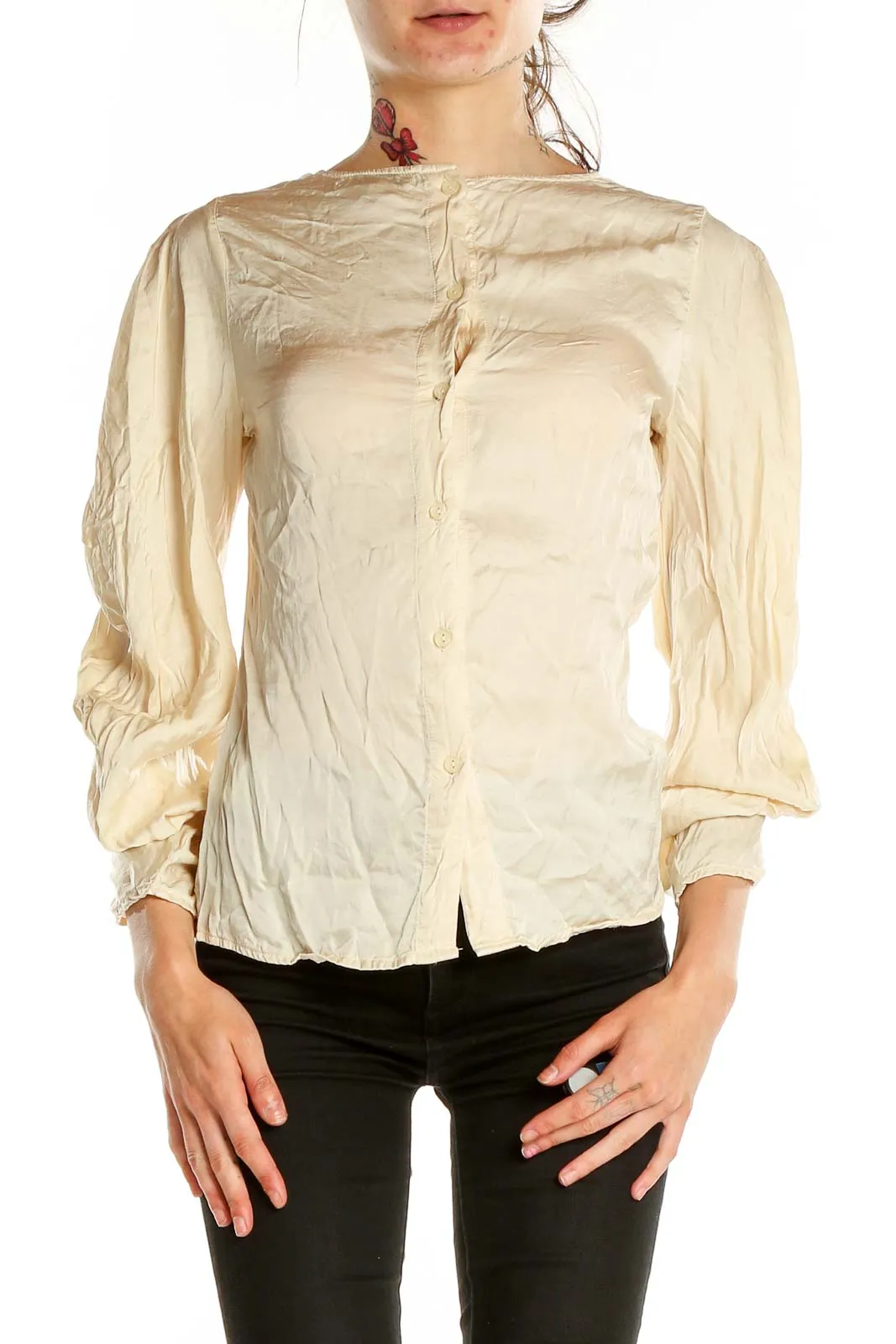 Cream Button-Up Blouse with Puff Sleeves