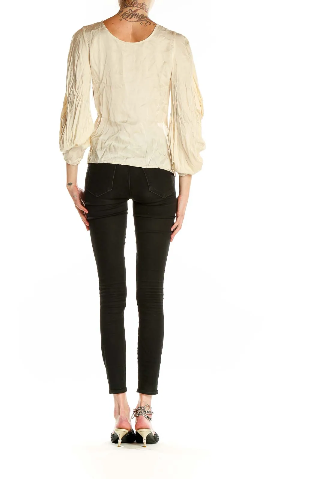 Cream Button-Up Blouse with Puff Sleeves